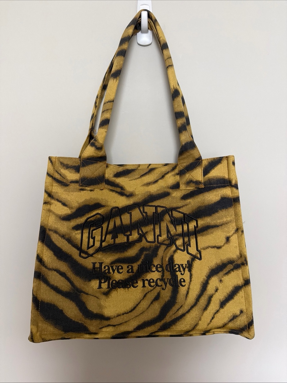 Ganni Mustard and Black Tiger-Print Canvas Tote